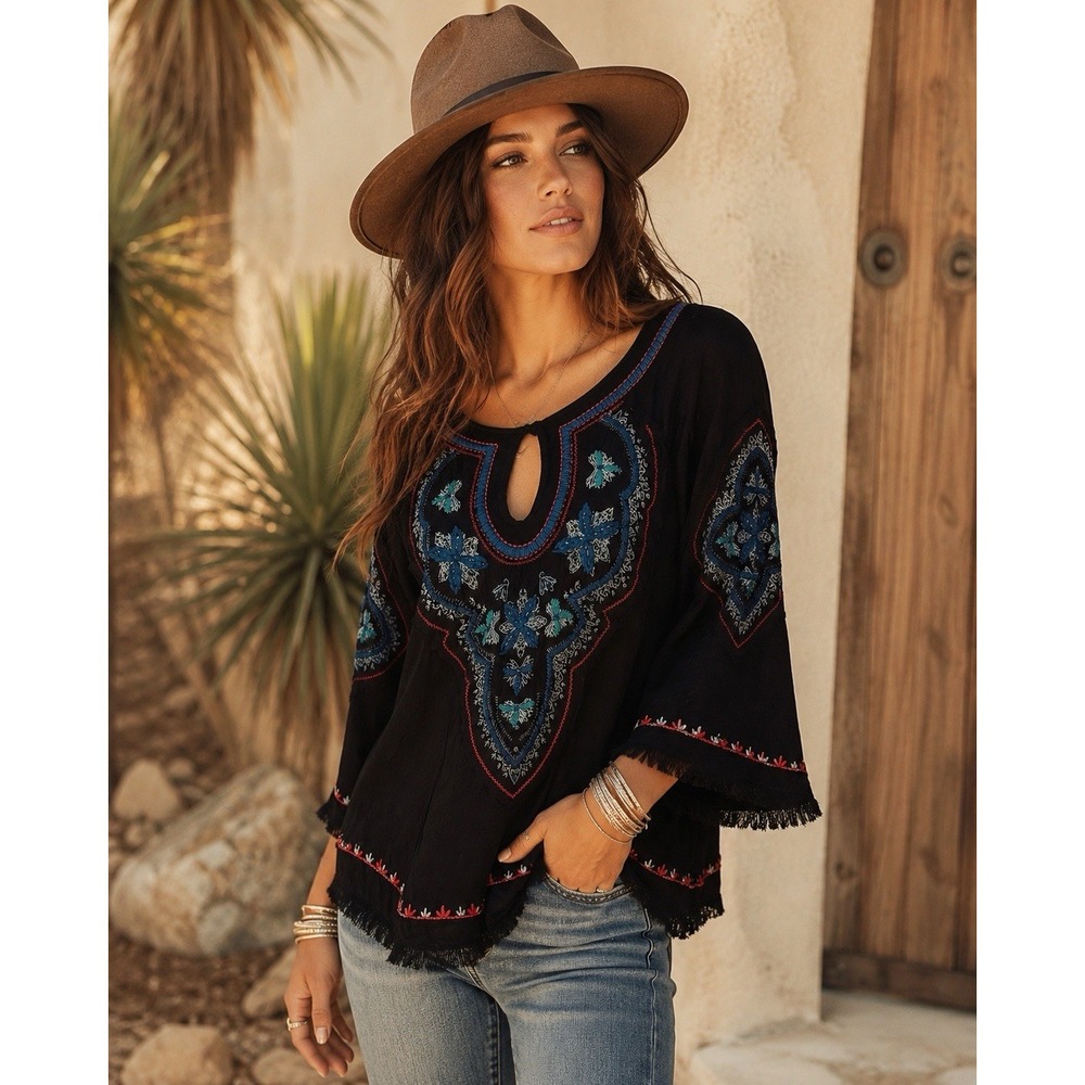 Filly Flair Wm's Embroidered Boho Peasant Top Black Fringe Hem Festival Blouse